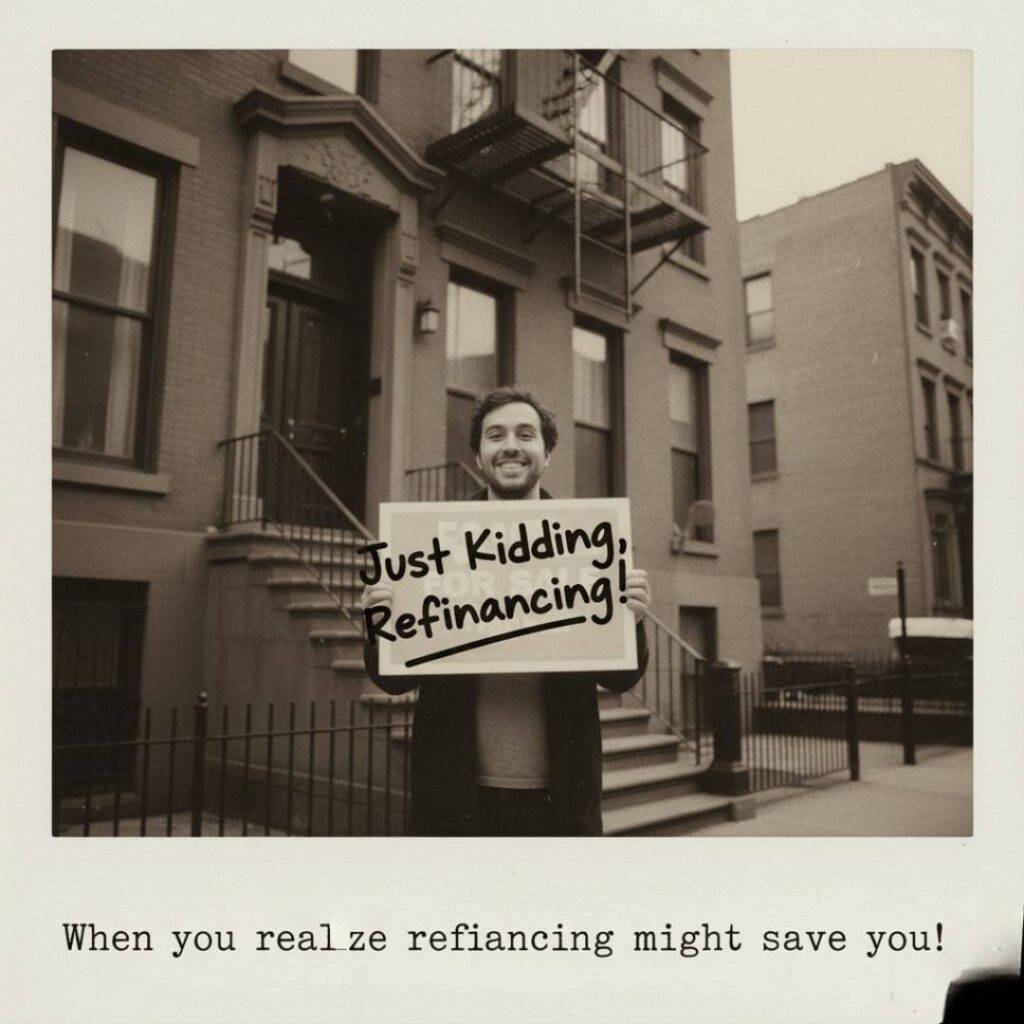 A person holding a "For Sale" sign with "Just Kidding, Refinancing!" written over it, outside a Brooklyn apartment.