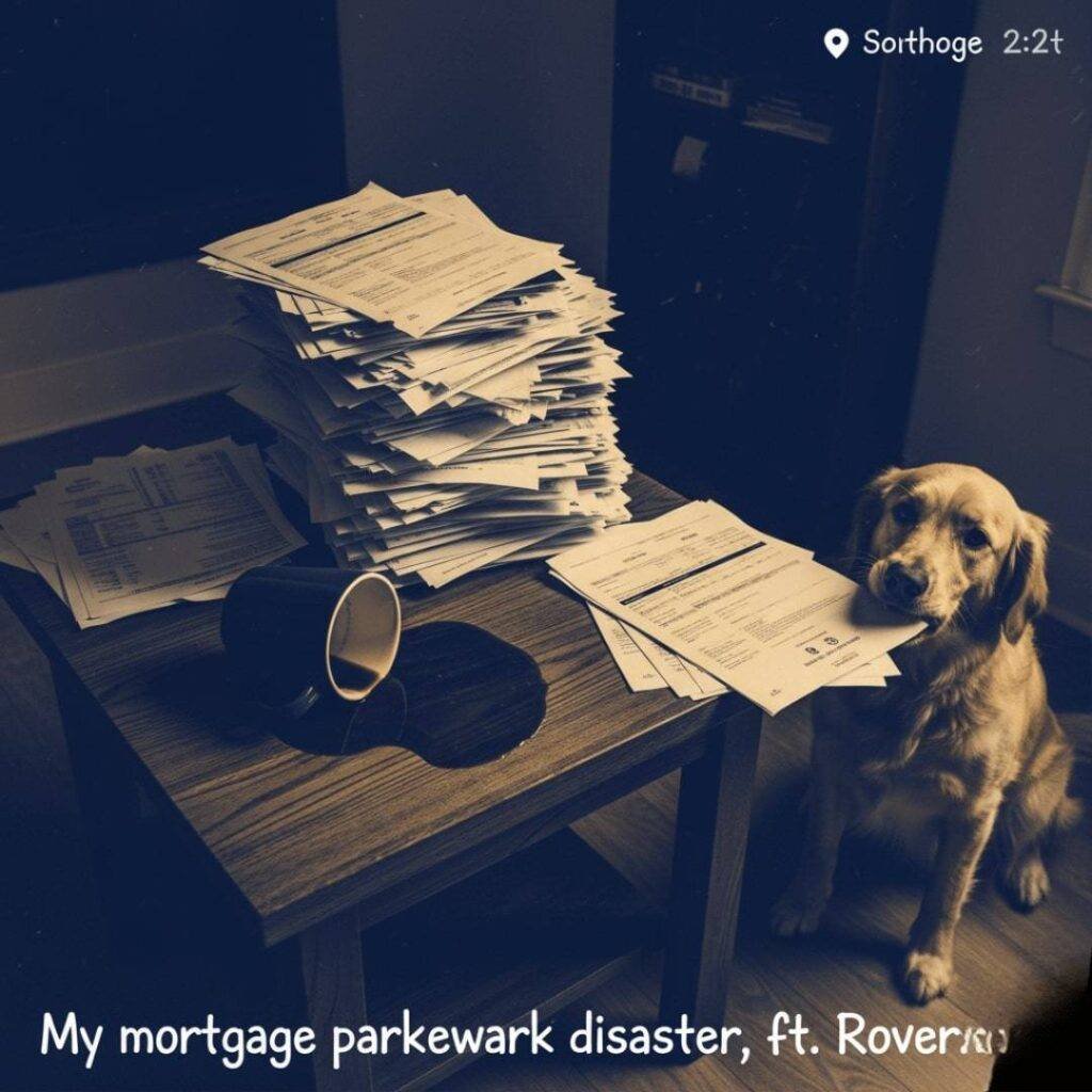 Chaotic stack of mortgage papers on a coffee table, a spilled coffee mug, and a dog (golden retriever) nibbling a corner of the papers.