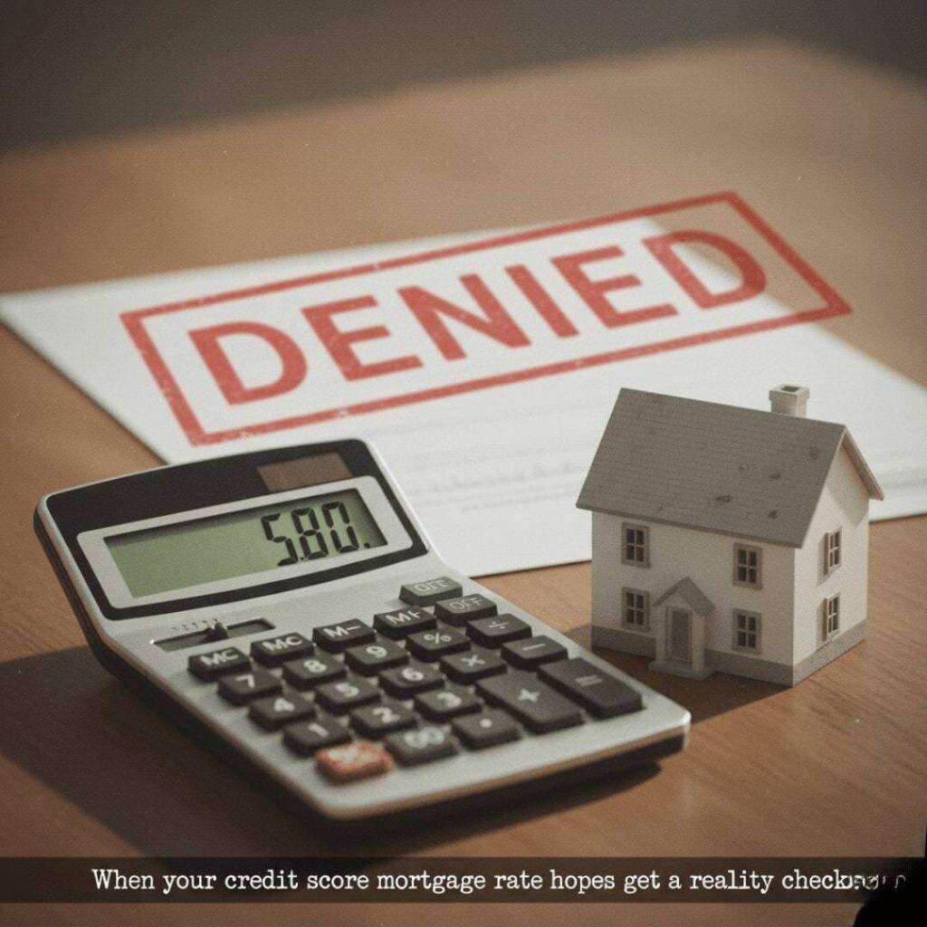 A vintage-inspired shot of a calculator, a dream house model, and a "DENIED" stamp on a desk.