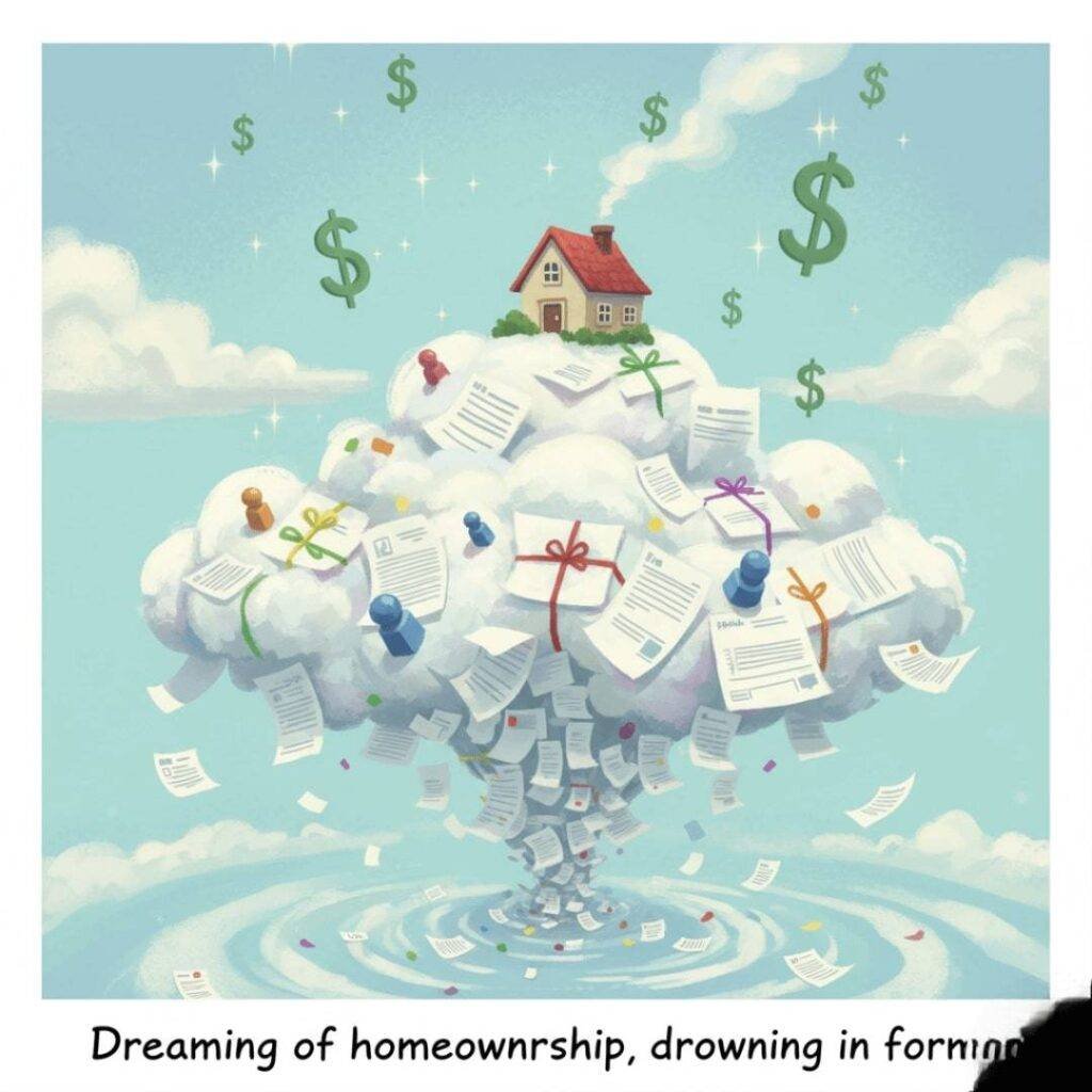 A whimsical illustration of a tiny house on a cloud of paperwork, with dollar signs raining down.