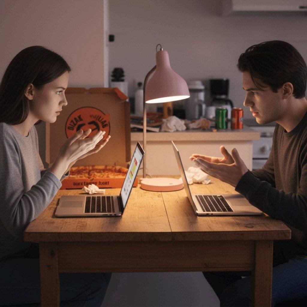A couple bickering over a budgeting app on their laptops at a kitchen table, with a pizza box in the background.