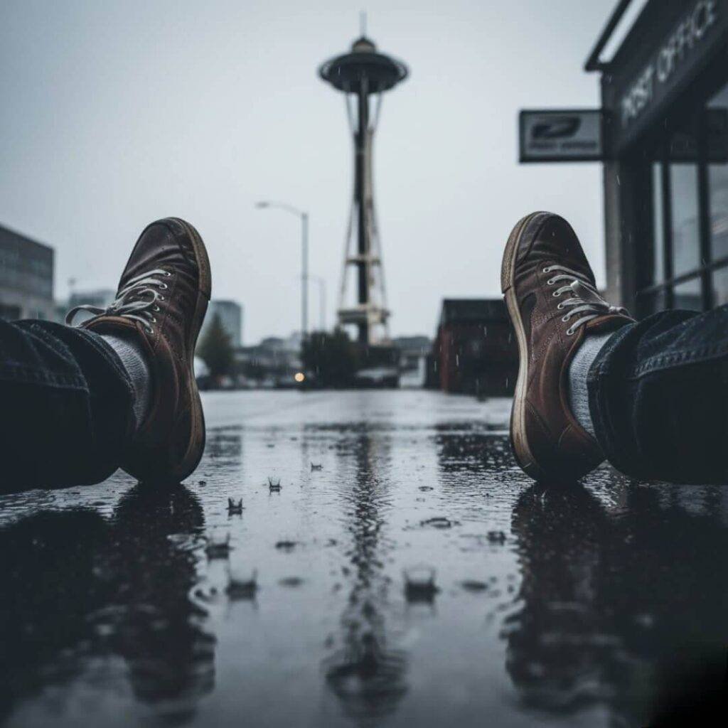 Feet on a wet sidewalk with the Space Needle in the background.