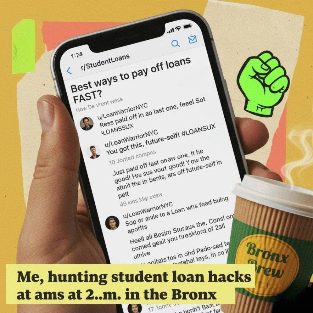 A close-up of a phone screen showing a Reddit thread on r/StudentLoans with a typo, a greasy thumb smudge, and a bodega coffee cup in the background.