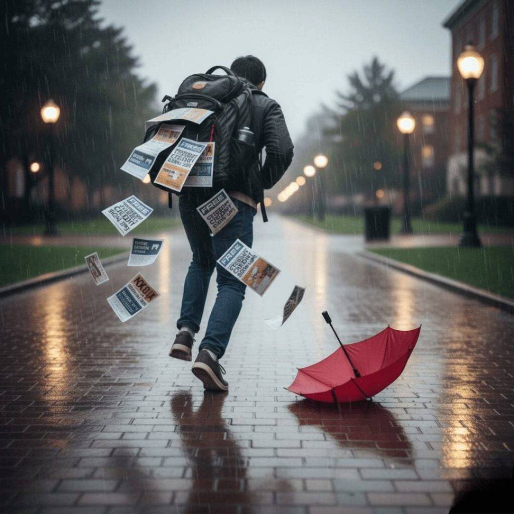 Rushing to snag building credit student cards on rainy college day.