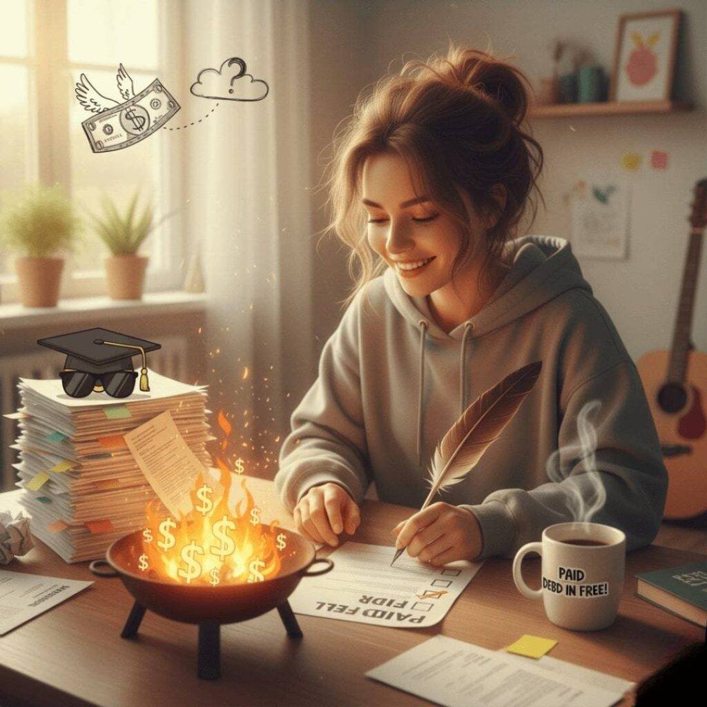 A woman happily signing a form at a desk with a small fire pit, a stack of papers, and a mug that says "PAID DEBT IN FREE!"