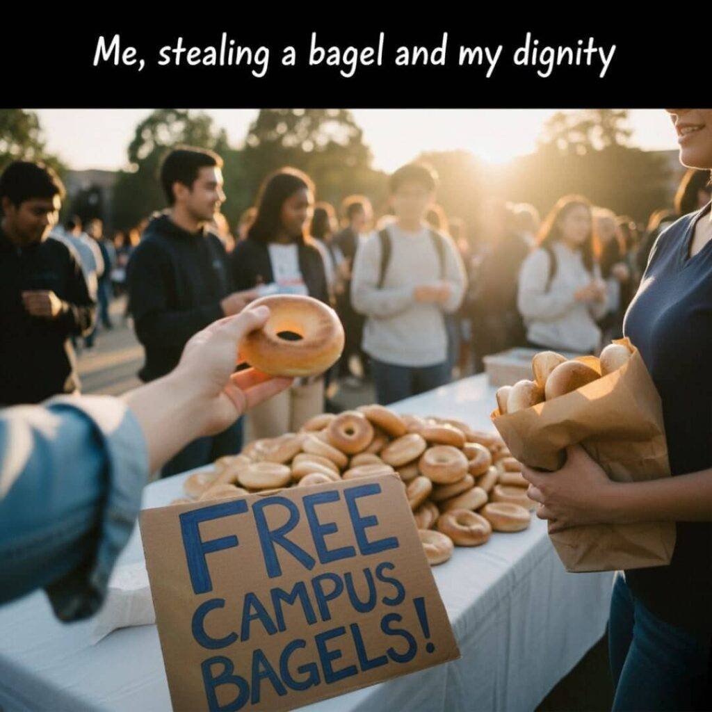 A hand reaches for a free bagel at a campus event, with a crowd of students in the background.
