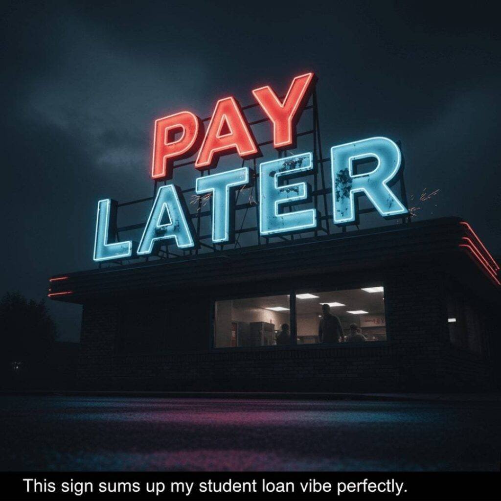 A neon diner sign reading "Pay Later" with the "Later" part flickering.
