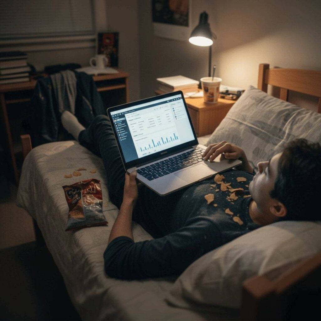 A person sprawled on a dorm bed with chip crumbs, looking at a loan repayment dashboard on a laptop.