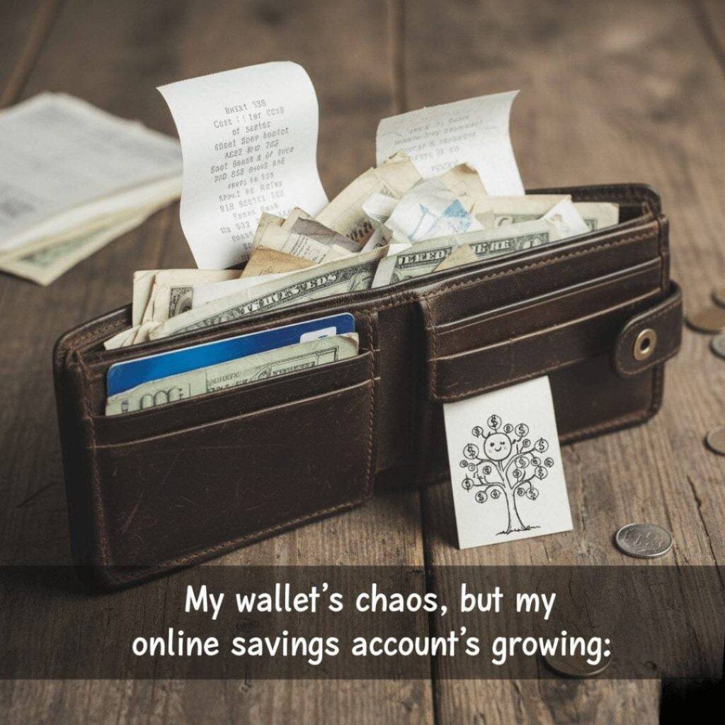 A beat-up wallet overflowing with receipts and a debit card, next to a tiny doodle of a money tree.