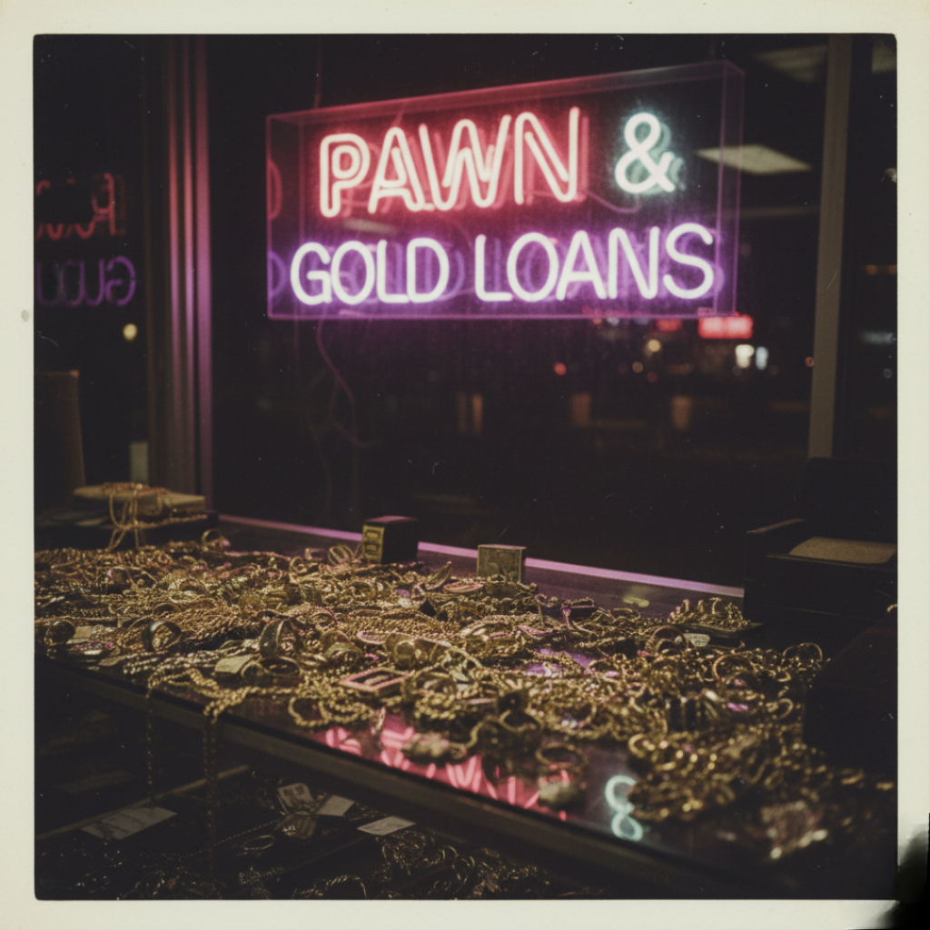 A vintage-inspired image of a pawn shop counter overflowing with gold chains and rings, with a neon "Pawn & Gold Loans" sign in the background.