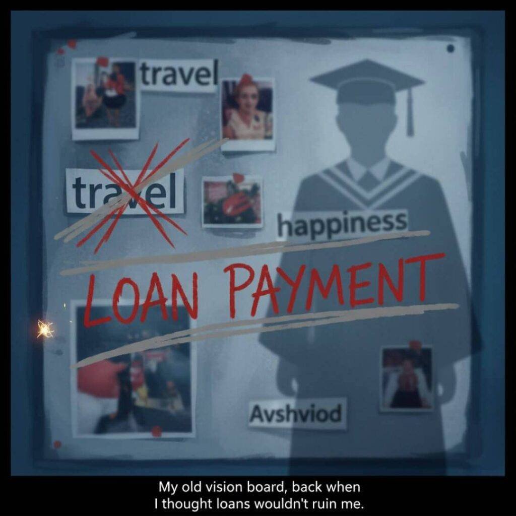 A vision board with "travel" and "happiness" crossed out, "loan payment" written in red, and a faint shadow of a graduation gown.