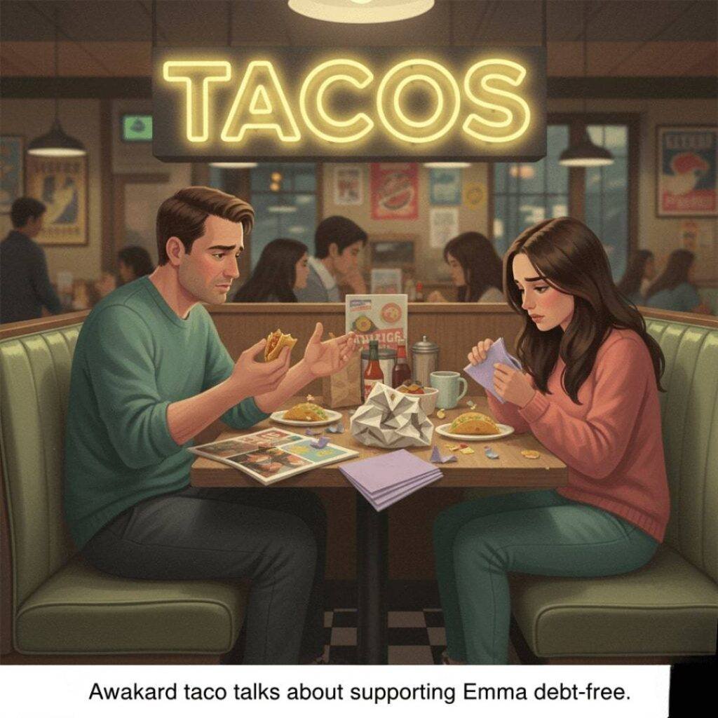 A man and a woman sit in a diner booth under a neon "TACOS" sign, having a serious conversation while eating tacos. College brochures are on the table.