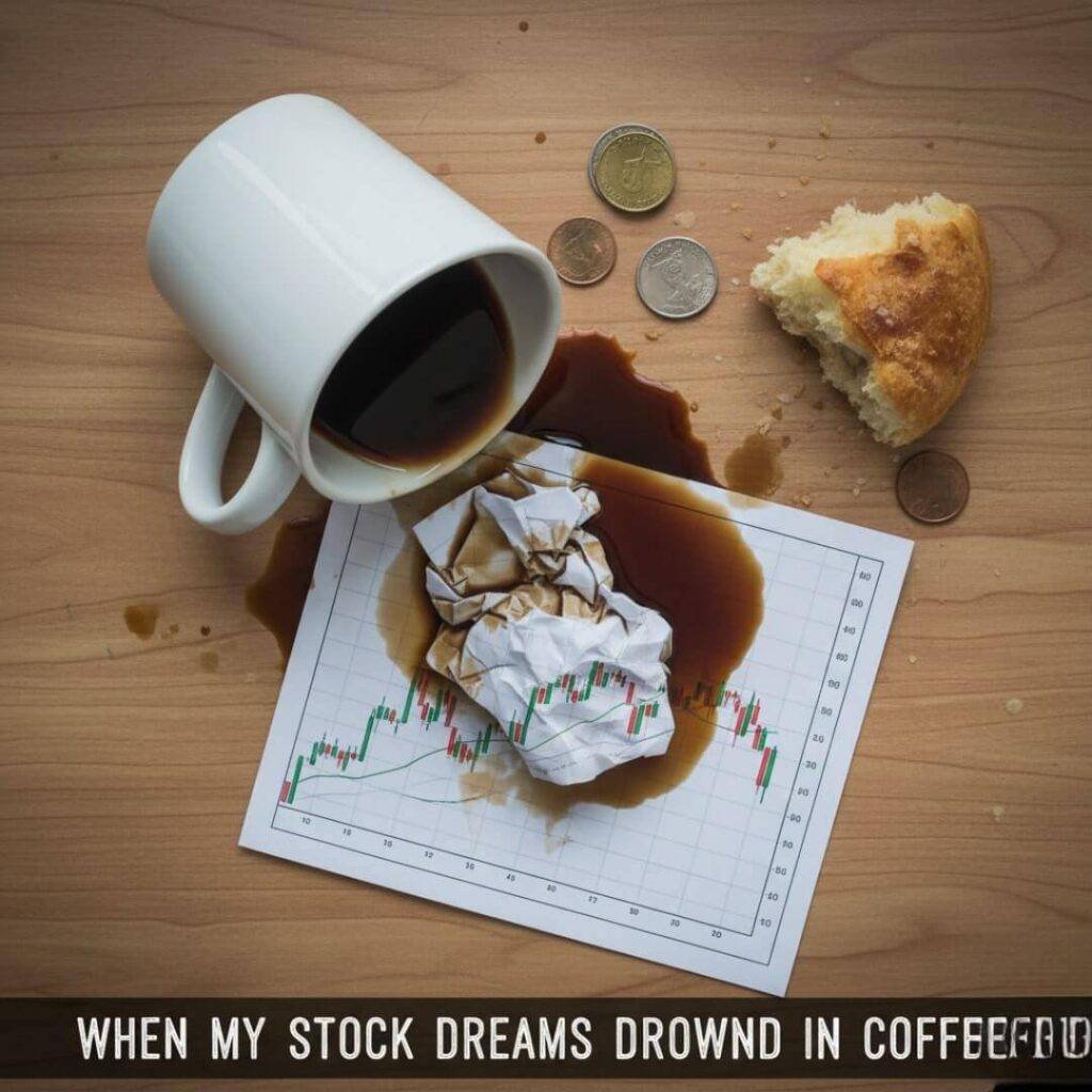 A top-down shot of a spilled coffee cup on a wooden desk, soaking a crumpled stock chart printout, with the caption "When my stock dreams drowned in coffee."