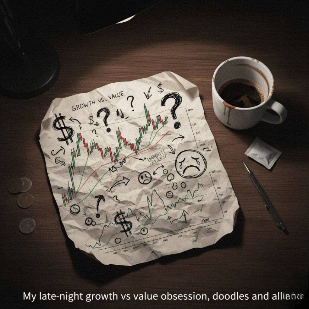 A stylized, grainy illustration of a crumpled stock chart covered in messy doodles (question marks, dollar signs), with a half-empty coffee cup sitting nearby.