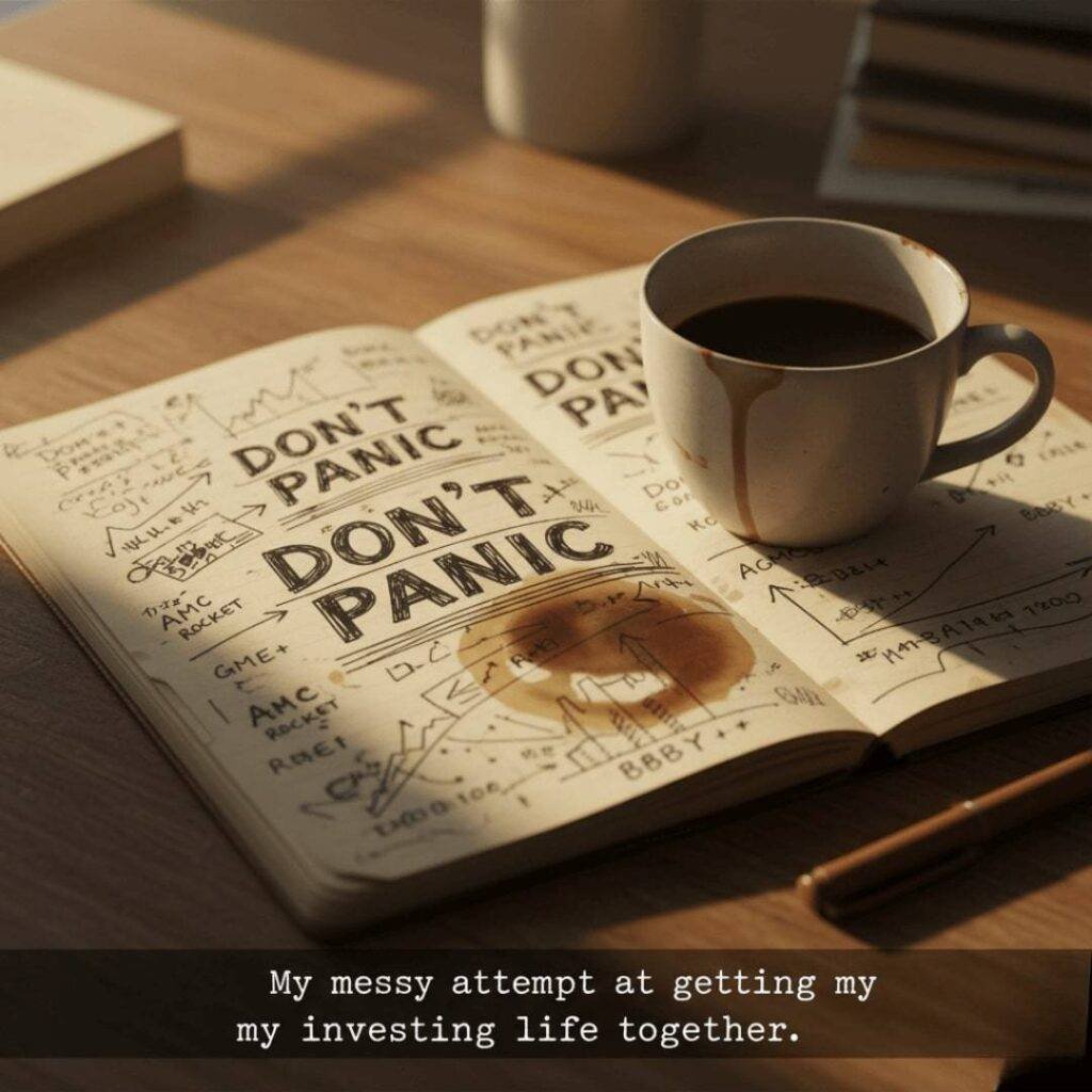 A messy notebook open to pages filled with "DON'T PANIC" and stock tickers, next to a coffee-stained mug.