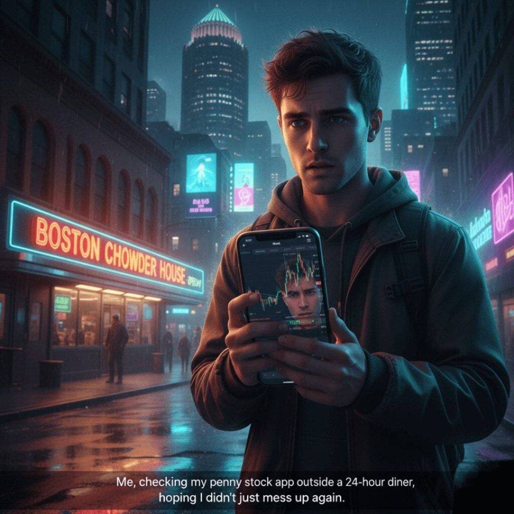 A cyberpunk-inspired shot of a neon-lit Boston street at night, where a person checks their stock app, reflecting a mix of hope and worry.