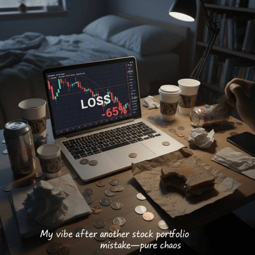 A cluttered desk at night with a laptop showing a stock market loss, scattered coins, and a half-eaten sandwich.
