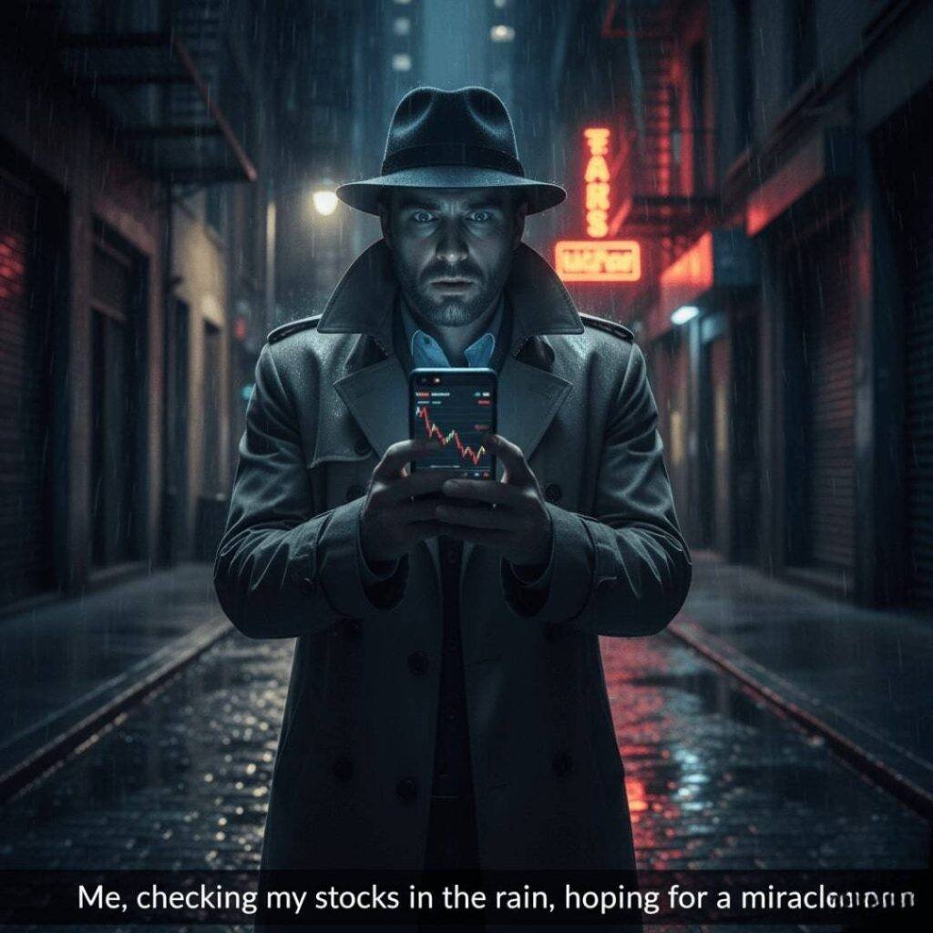 A lone trader in a fedora and trench coat stands in a rain-soaked New York alley, intently looking at a stock app on their phone with a worried expression.