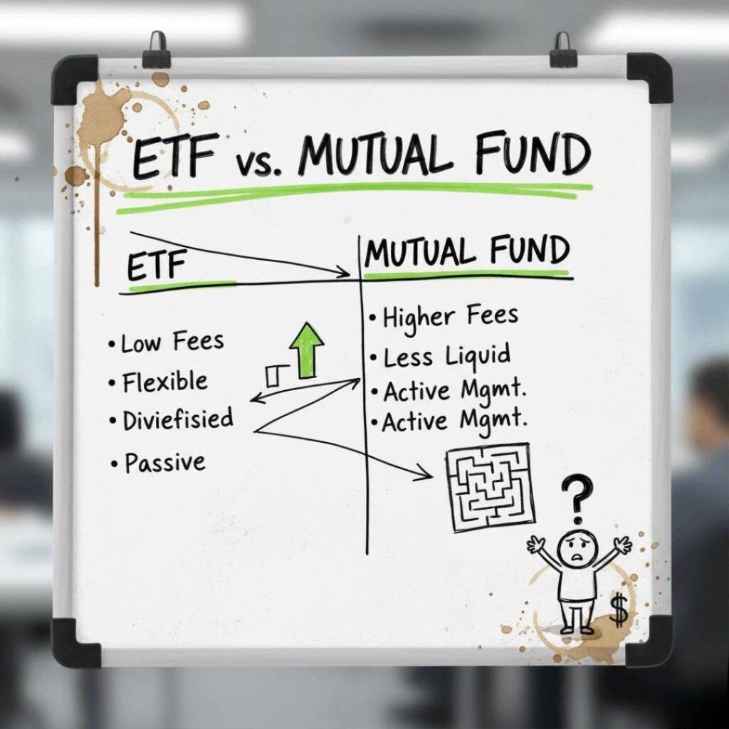 Whiteboard with messy ETF vs mutual fund chart, coffee stains, and a confused investor doodle.