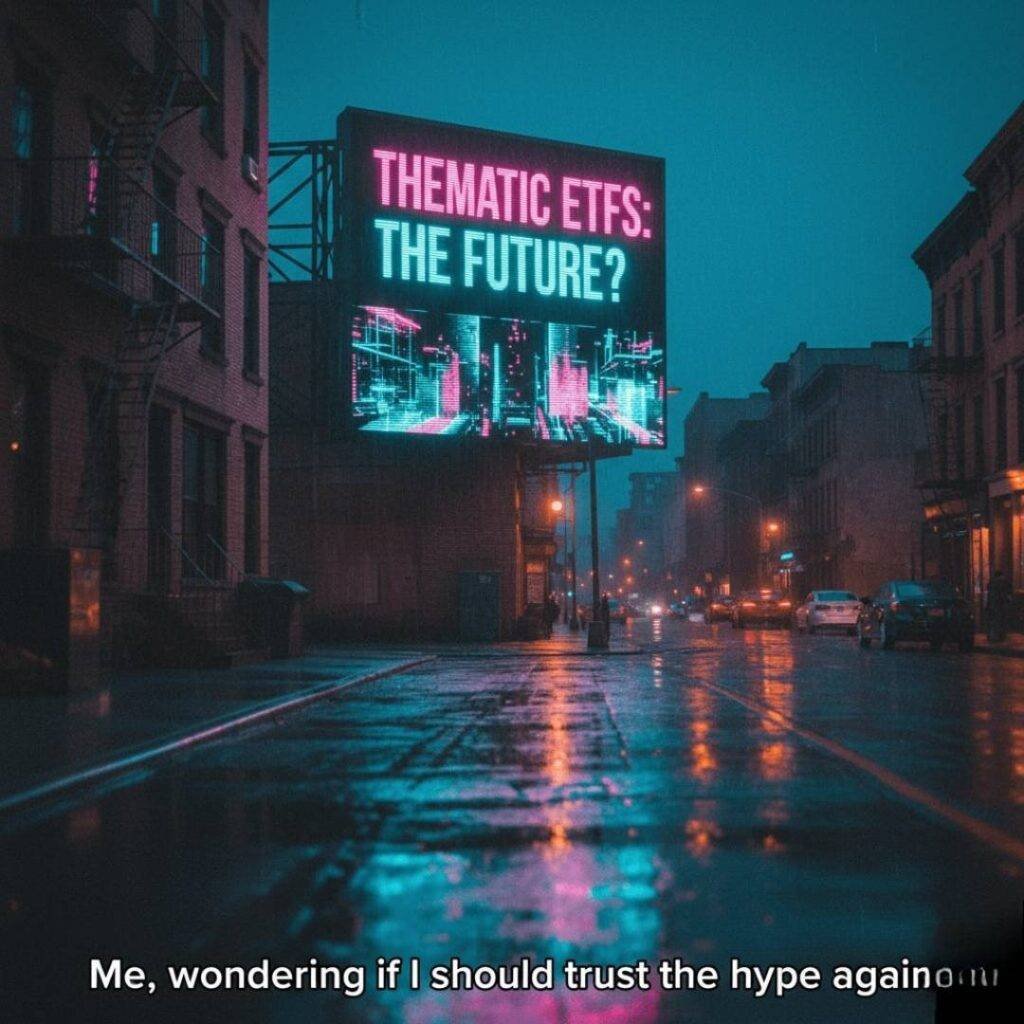 A neon-lit Brooklyn street at dusk with a glitching billboard flashing "Thematic ETFs: The Future?". The wet street reflects the bright signs.