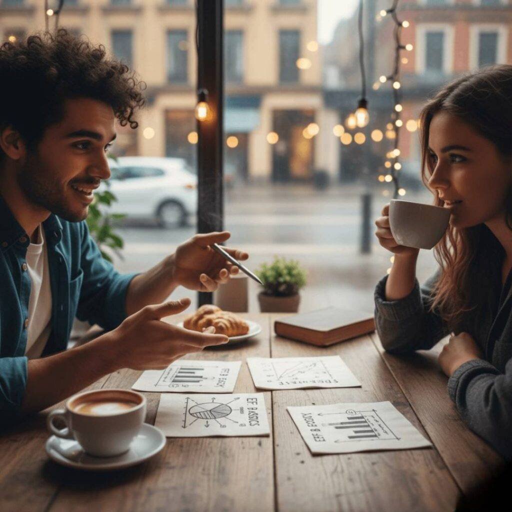 Two friends in a cozy coffee shop, one explaining ETFs with charts doodled on napkins.