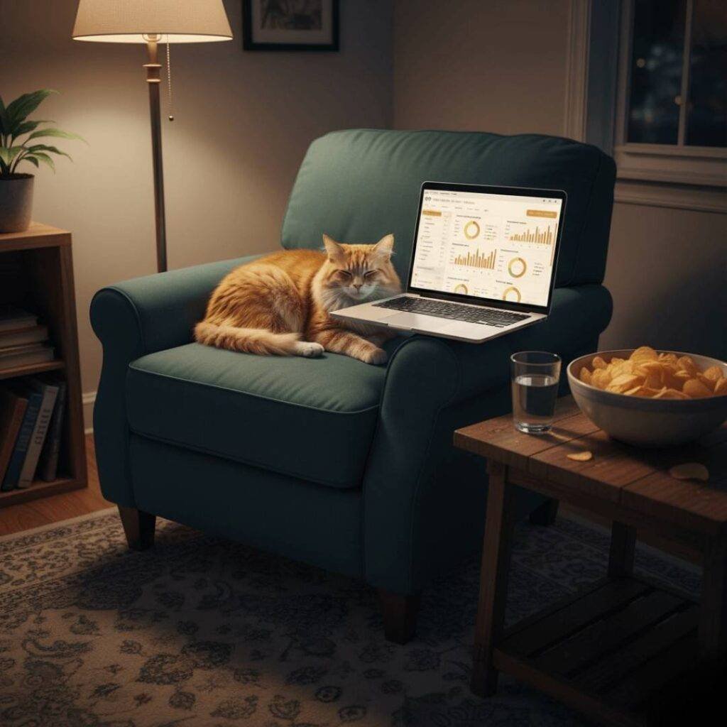 Cozy corner: Cat on a chair, laptop with ETF portfolio, and a bowl of chips.