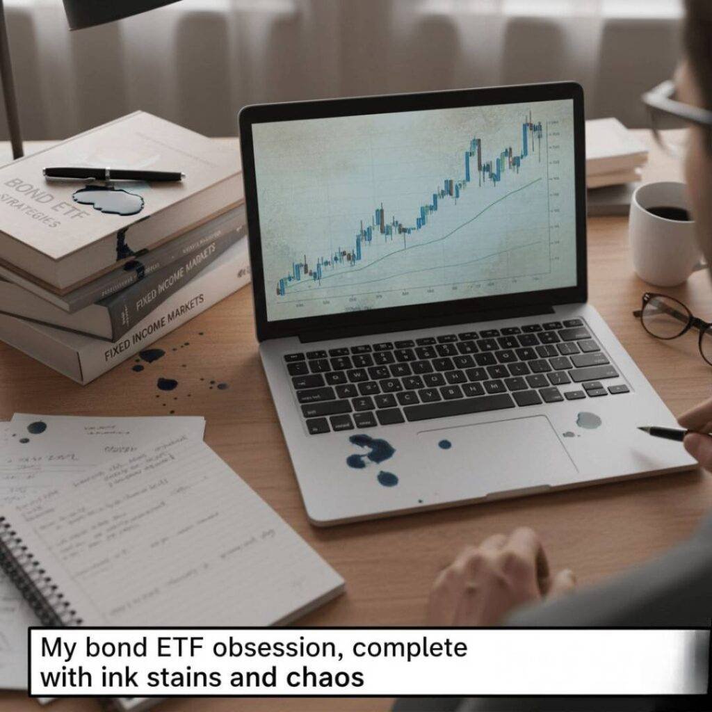 A cluttered desk scene with a laptop open to a bond ETF chart, a stack of finance books with ink stains, and a person holding a pen, with the caption: "My bond ETF obsession, complete with ink stains and chaos."