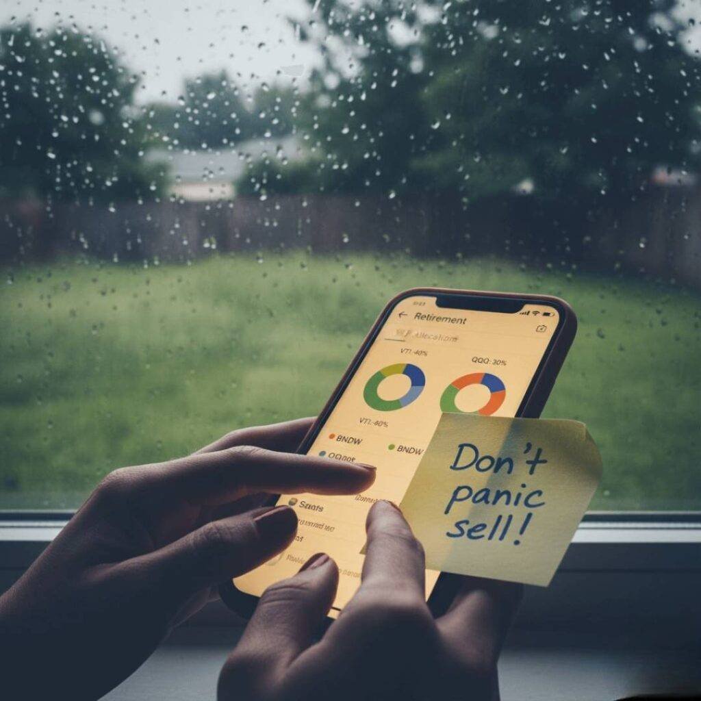 Hands typing on a smartphone retirement app with a "Don't panic sell!" sticky note, rainy window in background.