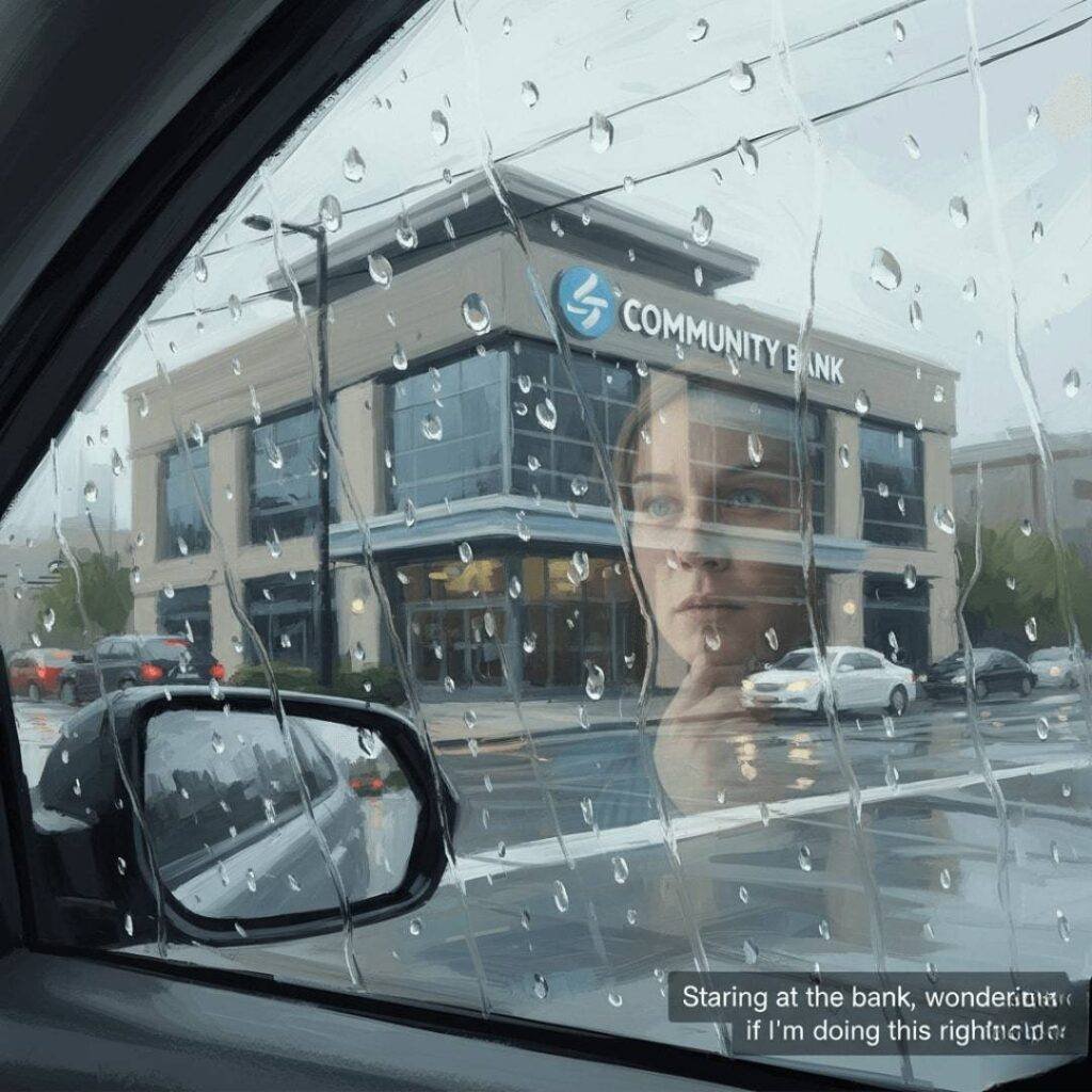 Exterior of a bank branch through a rainy car window with a faint reflection.