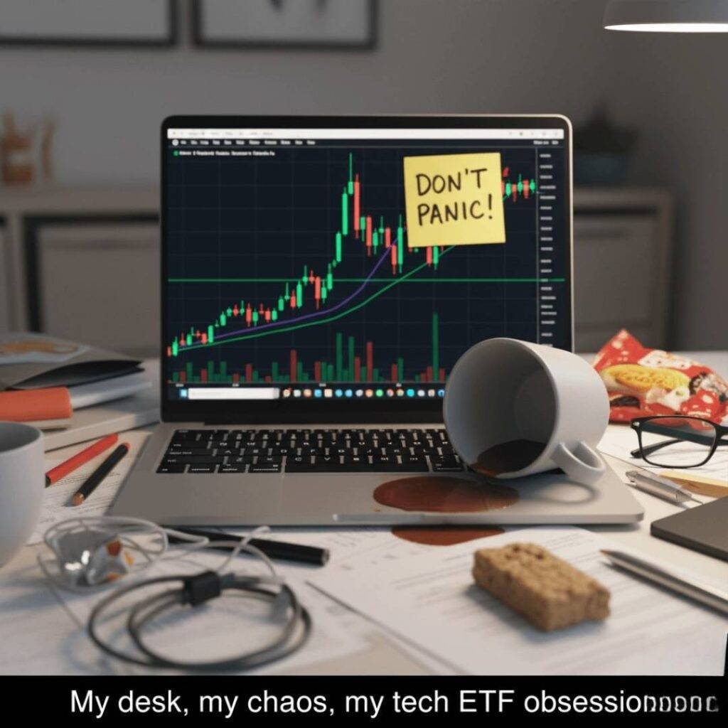 A humorous, slightly blurred photo of a messy desk with a laptop showing a tech ETF chart, a spilled coffee cup, and a "Don't Panic!" sticky note.