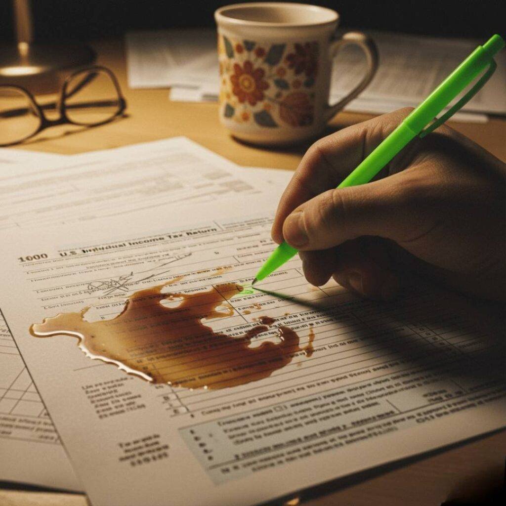 A vintage-inspired close-up of a hand using a neon green pen to scribble on a tax form, with a visible coffee spill, eyeglasses, and a coffee mug in the background.