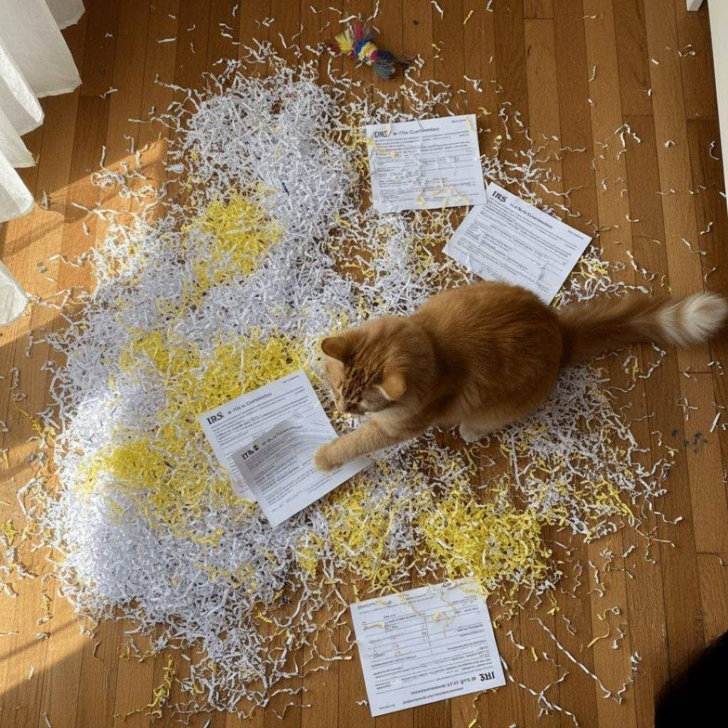 Post-filing wreckage: paper shreds meet e-file peace, my cat's verdict on 2025 taxes.