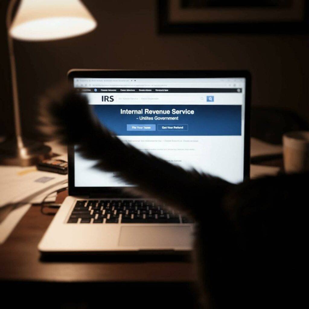 A blurry image of a laptop screen displaying the IRS website, with a cat's tail intentionally sweeping across the foreground, obscuring part of the screen.