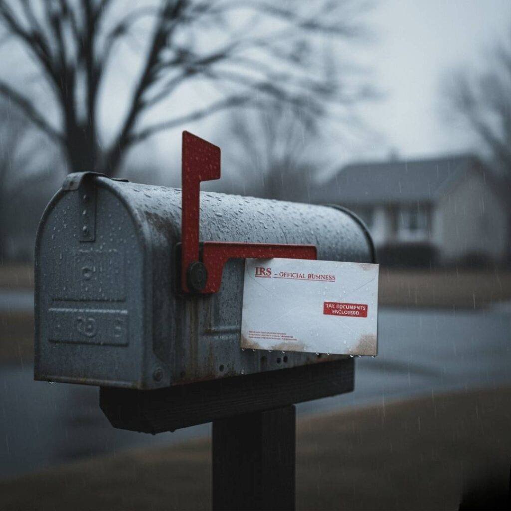 A wet mailbox with a soggy tax envelope poking out in the rain.
