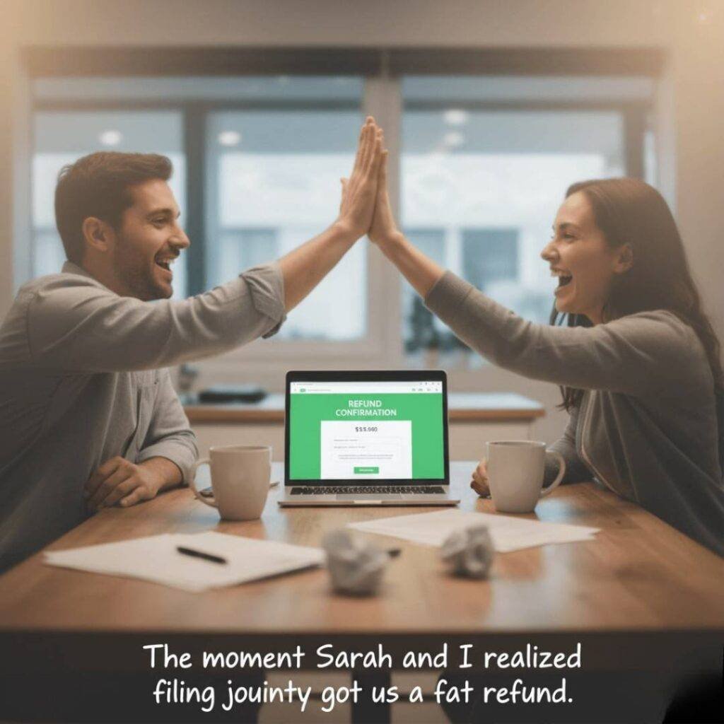 A couple high-fiving over a laptop displaying a tax refund confirmation, in a slightly blurred photorealistic style.
