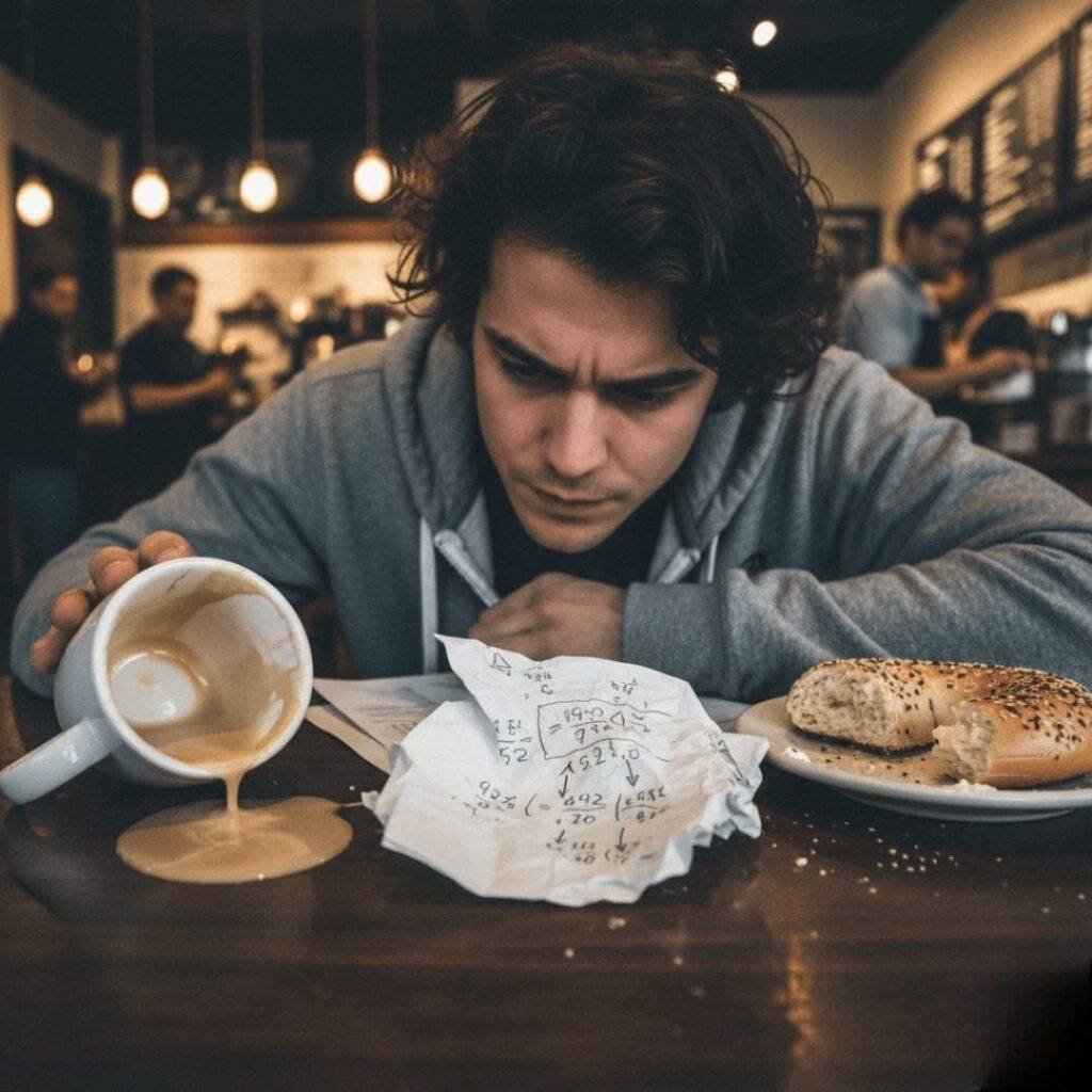 A person hunched over tax math on a napkin in a coffee shop, with a spilled latte and a half-eaten bagel.