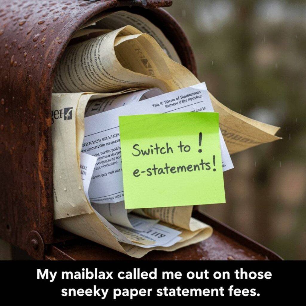 A rusty, overflowing mailbox filled with damp bank statements, one with a neon-green sticky note reading "Switch to e-statements!"