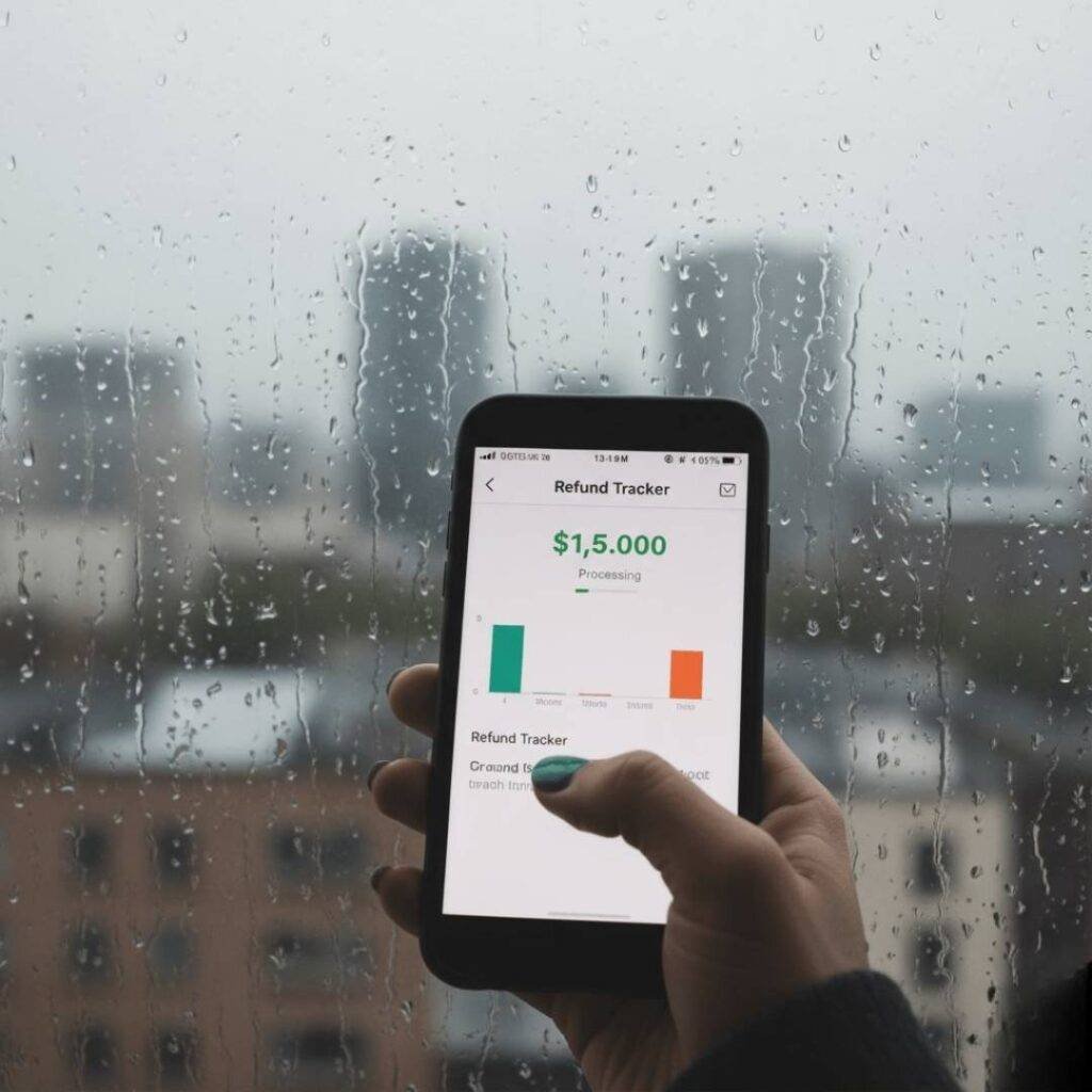 Hand holding a phone displaying a tax app's refund tracker, with a rainy window in the background.