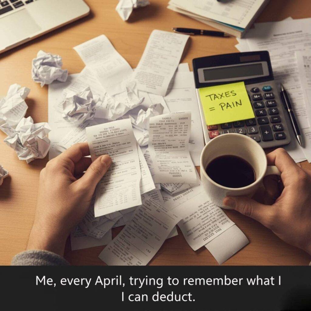A top-down view of hands sorting receipts on a desk, with a coffee mug and a "TAXES = PAIN" sticky note.