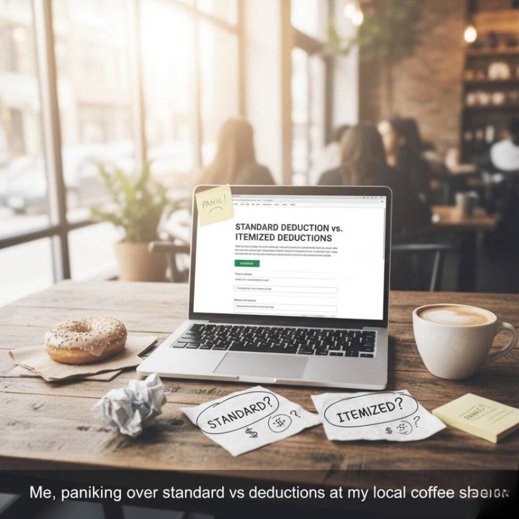 Warm, overexposed photo of a coffee shop table with a laptop, scattered tax documents, a donut, and handwritten frantic notes on itemized vs. standard deductions.