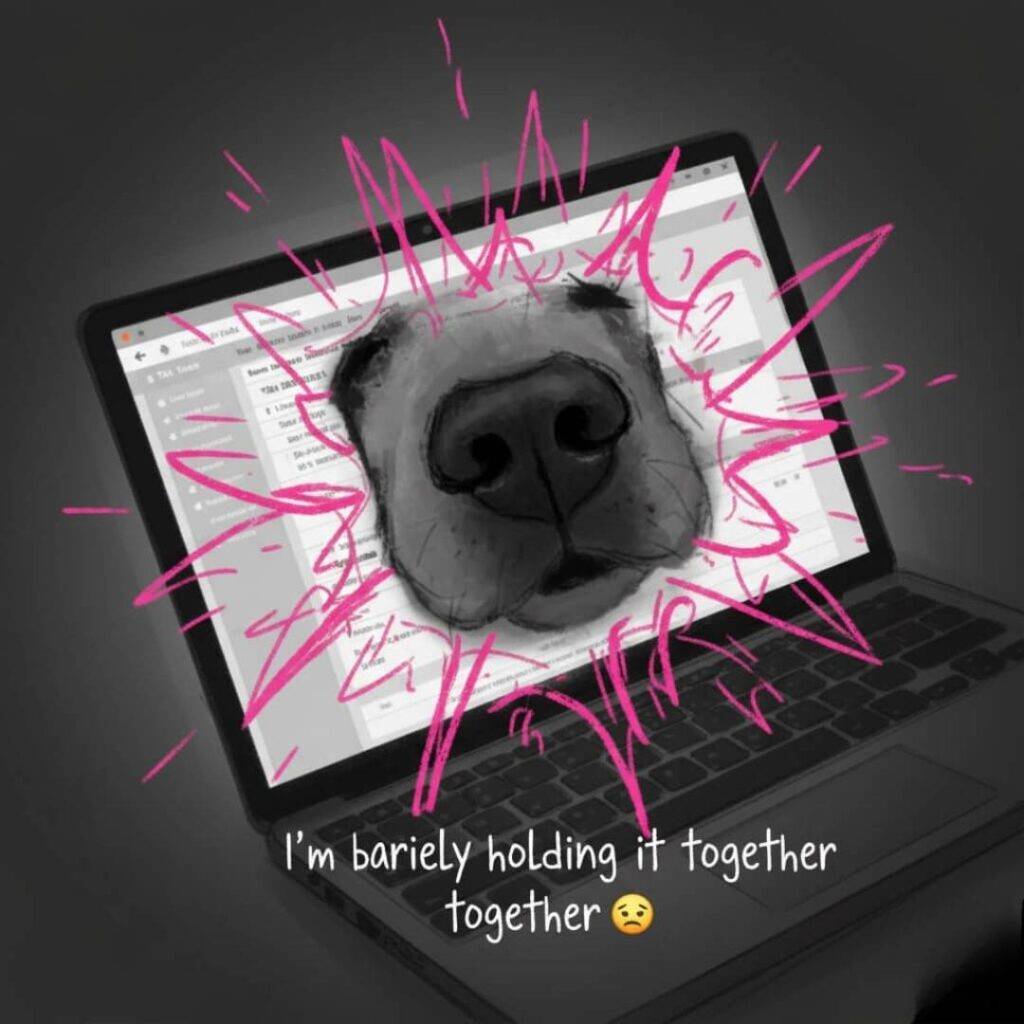 A sketchy digital art image of a blurry, tilted laptop with tax software open. A large, cartoonish dog's nose is smudging the screen. Neon pink lines radiate from the nose, adding to the chaotic feel. The text "I'm barely holding it together 😩" is at the bottom.