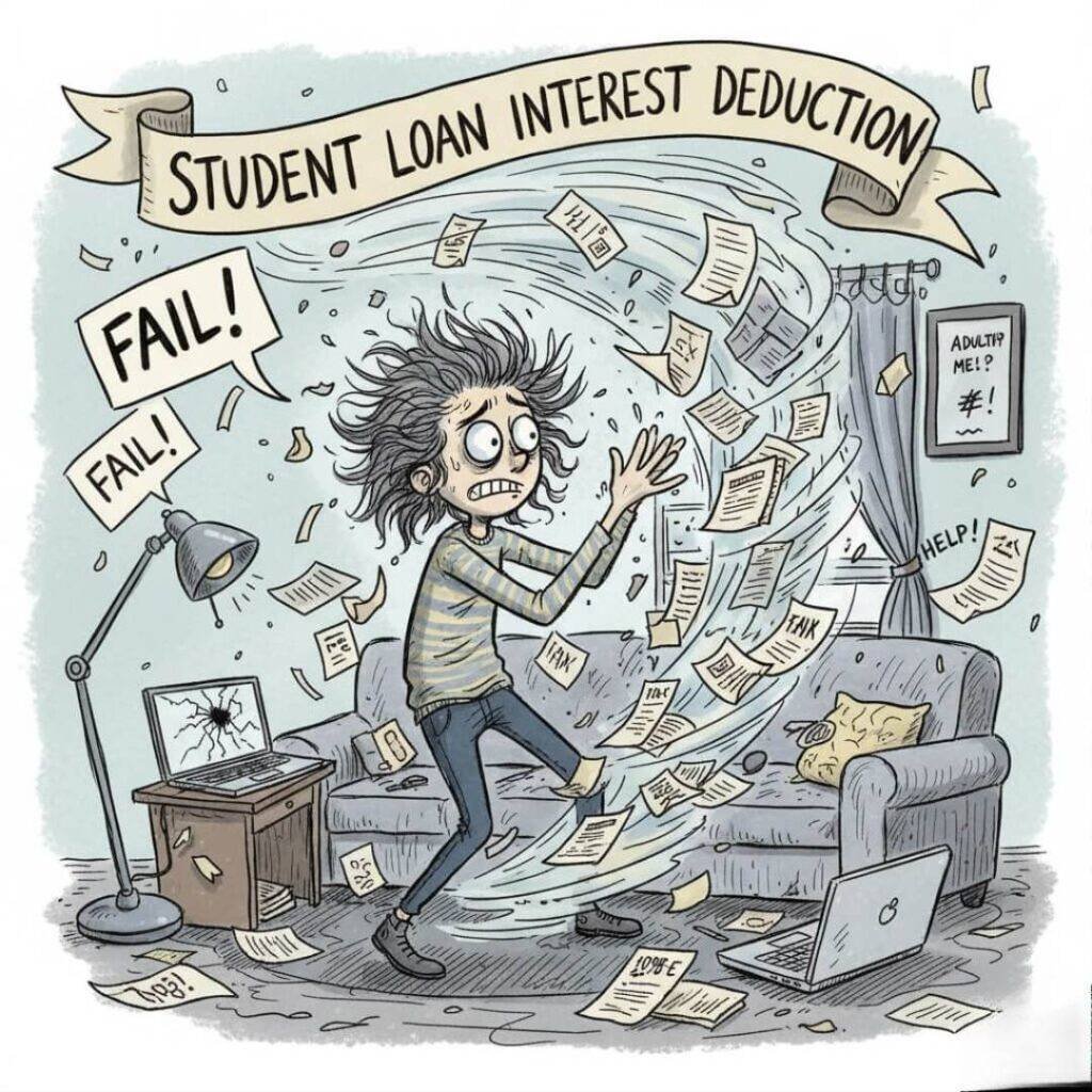 A frazzled, cartoon-style person is in a living room with papers swirling around them like a tornado, with speech bubbles saying "FAIL!" and a banner overhead reading "STUDENT LOAN INTEREST DEDUCTION."