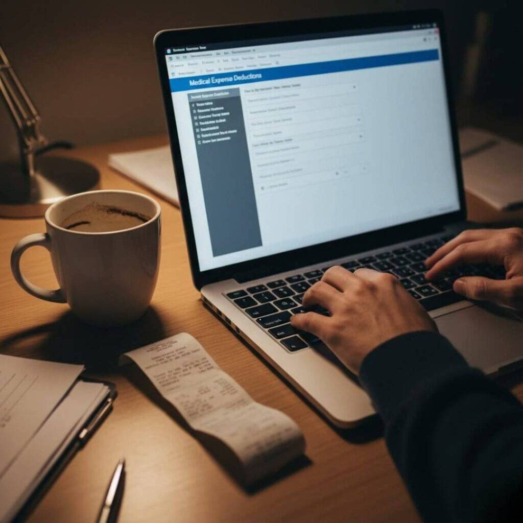 Hands typing on a laptop showing tax software for medical expense deductions, with a half-empty coffee mug and a crumpled receipt nearby.