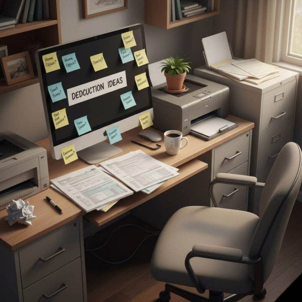 A messy home office with a computer monitor covered in "Deduction Ideas" Post-it notes.