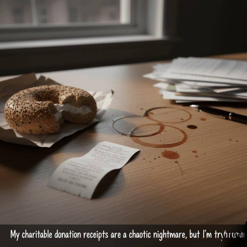 A crumpled charitable donation receipt next to a half-eaten bagel and coffee stains on a desk, with the caption "My charitable donation receipts are a chaotic nightmare, but I’m trying."