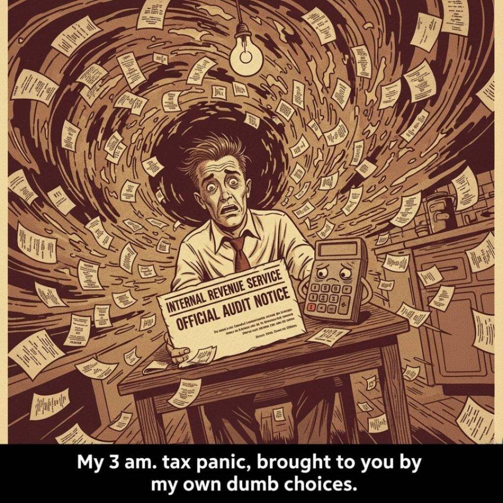 A vintage-inspired, chaotic illustration depicts a stressed-out man at a wooden kitchen table, viewed from a close-up, disorienting perspective. His eyes are wide with panic, and his hair is disheveled. In front of him is a large letter with the bold text "INTERNAL REVENUE SERVICE OFFICIAL AUDIT NOTICE." Receipts and papers swirl around him in a tornado-like pattern, emanating from a dark vortex behind his head.