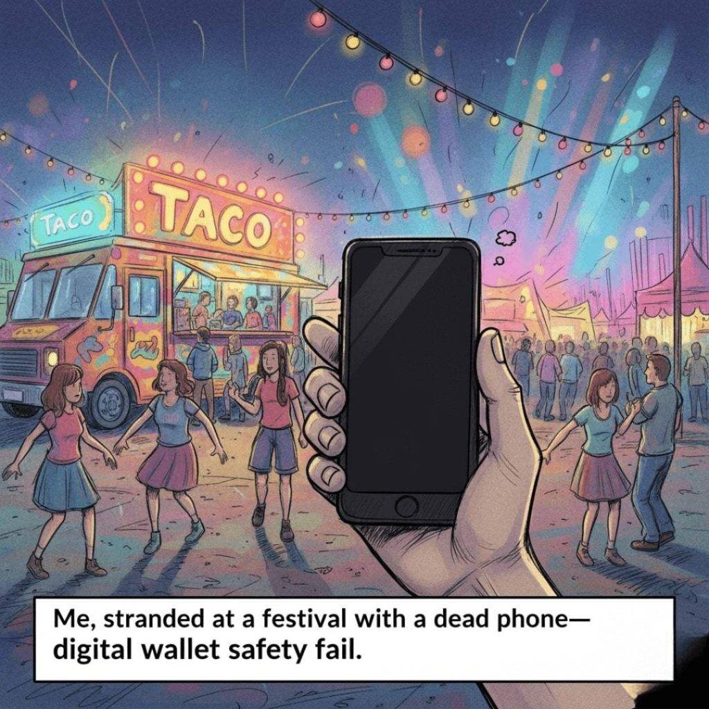 A cartoonish sketch from a first-person perspective, showing a hand holding a dead phone at a chaotic festival with a blurred taco truck in the background.