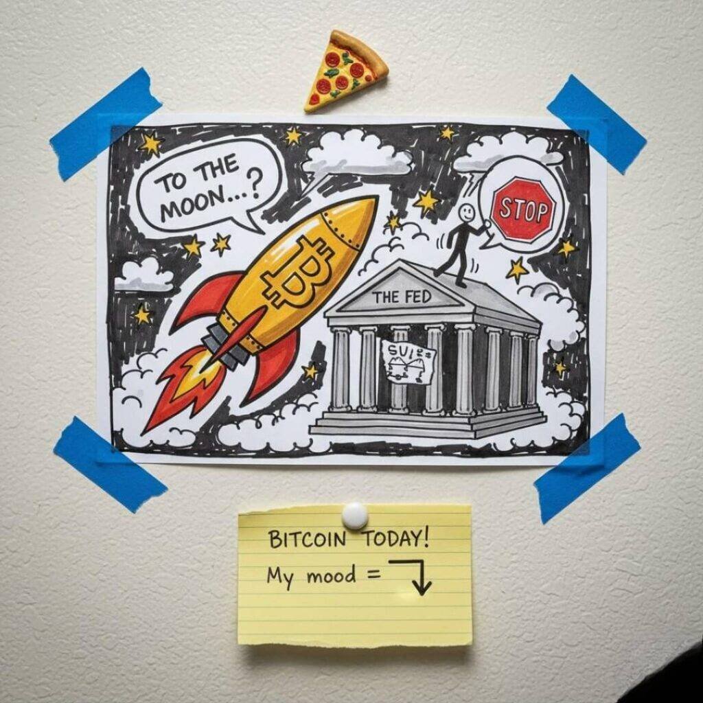 Lo-fi fridge collage of a Bitcoin rocket crashing into a cartoon Fed building.