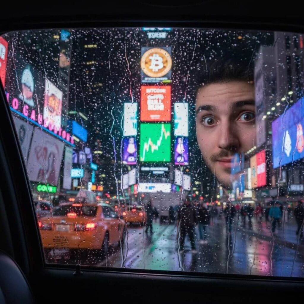 Rainy NYC cab view of Bitcoin price today ads, my hopeful-scared face.