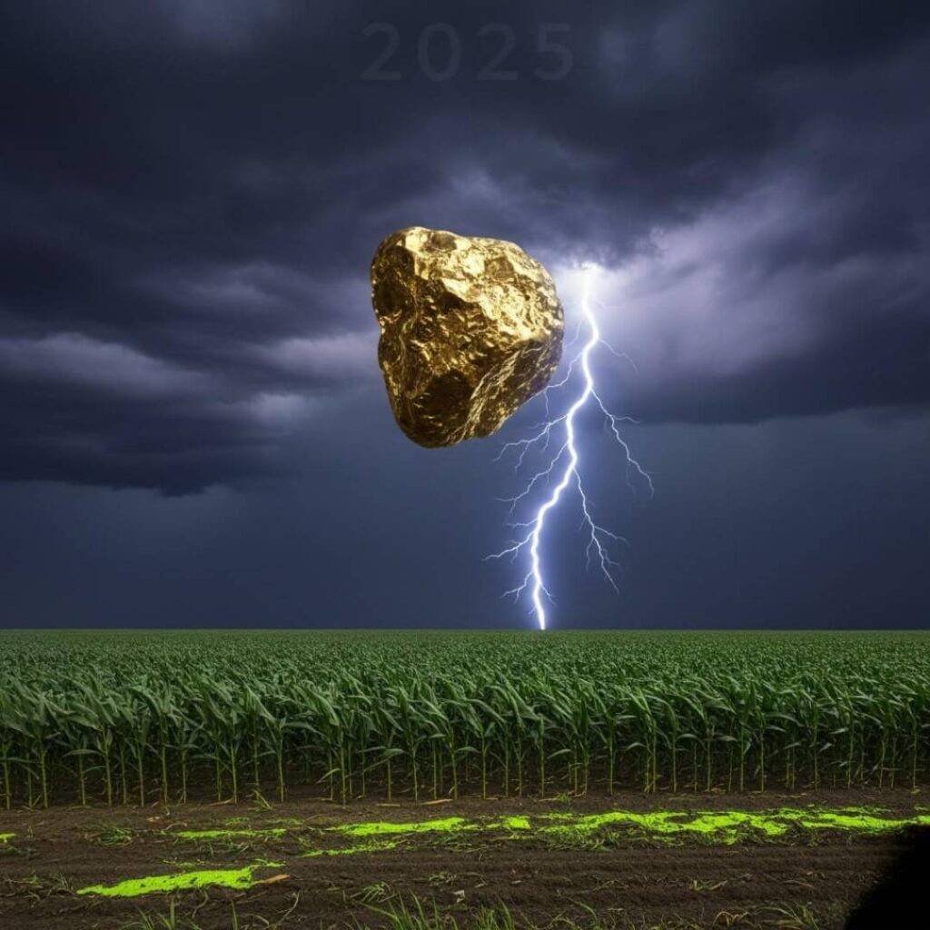 A surreal gold nugget floats in a stormy Ohio field sky with a lightning bolt, and "2025" in the background.